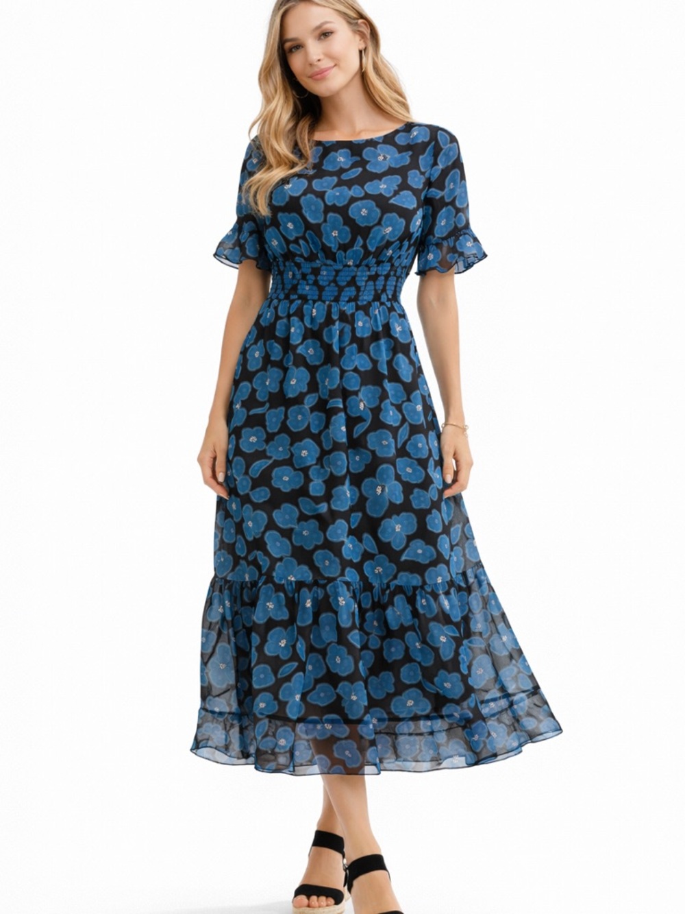 Kate Spade Boho Blue Floral Smocked Midi Dress Size S